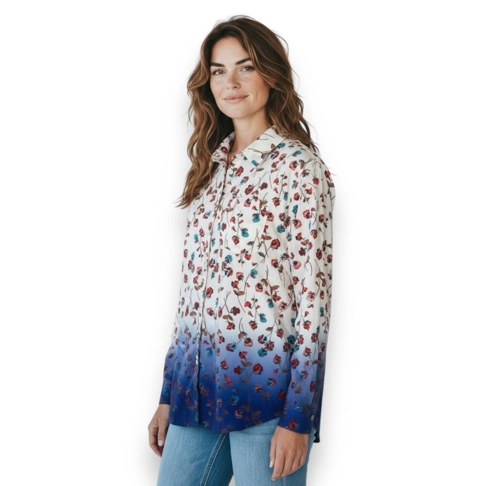 Lands' End Roll-Tab Poplin Boyfriend Tunic Shirt Size XL Cream Blue Ombre